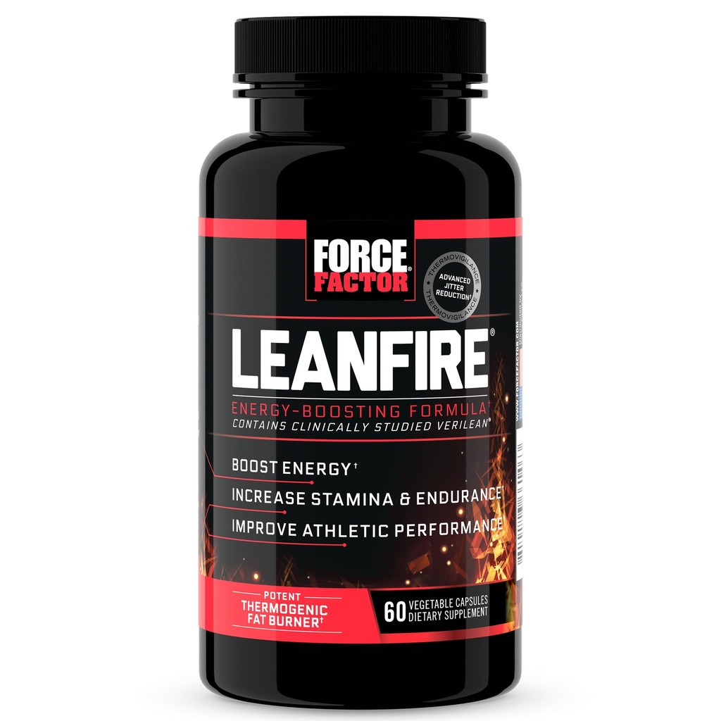 FORCE FACTOR LeanFire Pre Workout Pillole di energia con Estratto di tè verde e caffeina per aumentare l'energia, costruire il muscolo magro, nero, 60 conte (pacchetto di 1), pacchetto May Vary