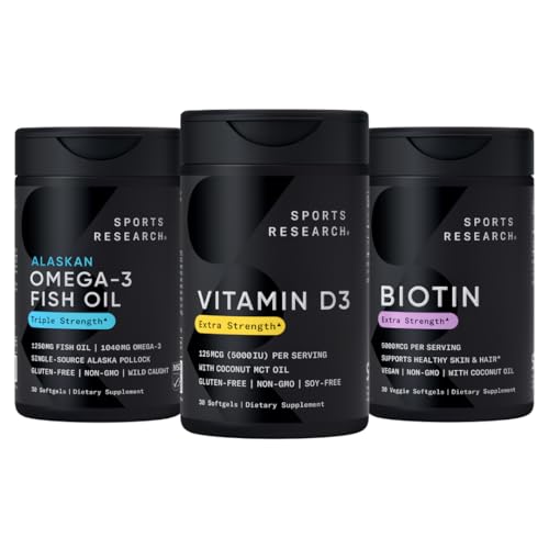 Ricerca sportiva Triple Strength Omega 3 Burpless Fish Oil 1250mg da Wild Alaska Pollock, Vitamina D3 5000 IU con Coconut MCT olio (125mcg) e Vegan Biotin 5000mcg Vitamin B7-30 Softgels Ogni