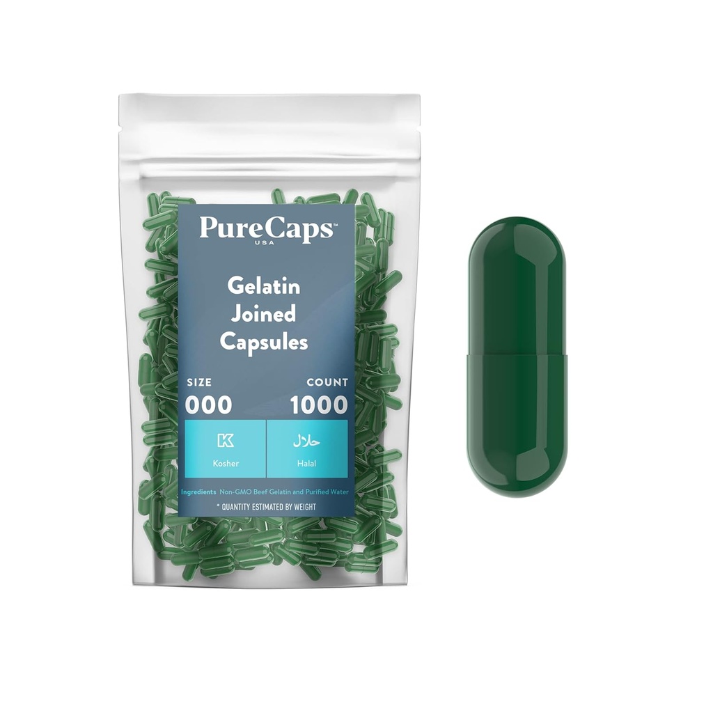 Purecaps USA - Empty Gelatin Pill Capsules Size 000| 1,000 Pills Joined| Green| Certificato non OGM | SLS, Gluten, Preservative Free