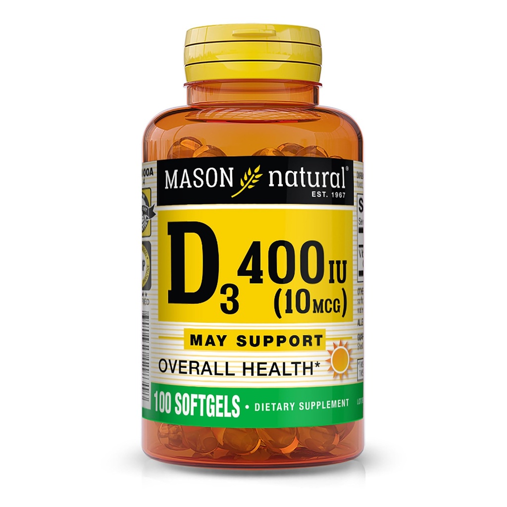 MASON NATURAL Vitamina D3 10 mcg (400 IU) - Supporta la salute generale, rinforza le ossa e i muscoli, 100 Softgels