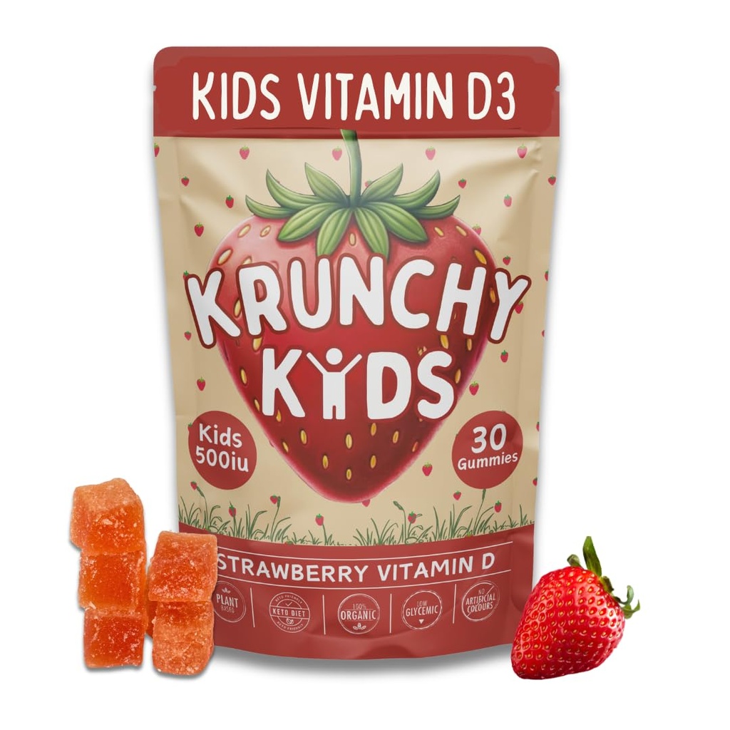 500IU Vitamina D3 Gummies - Organico, Basato sulle piante, Senza zucchero | Fragola reale, Allulose, MCT-Oil, Agave | Supporti Bones, Immunità, Mood & Sleep