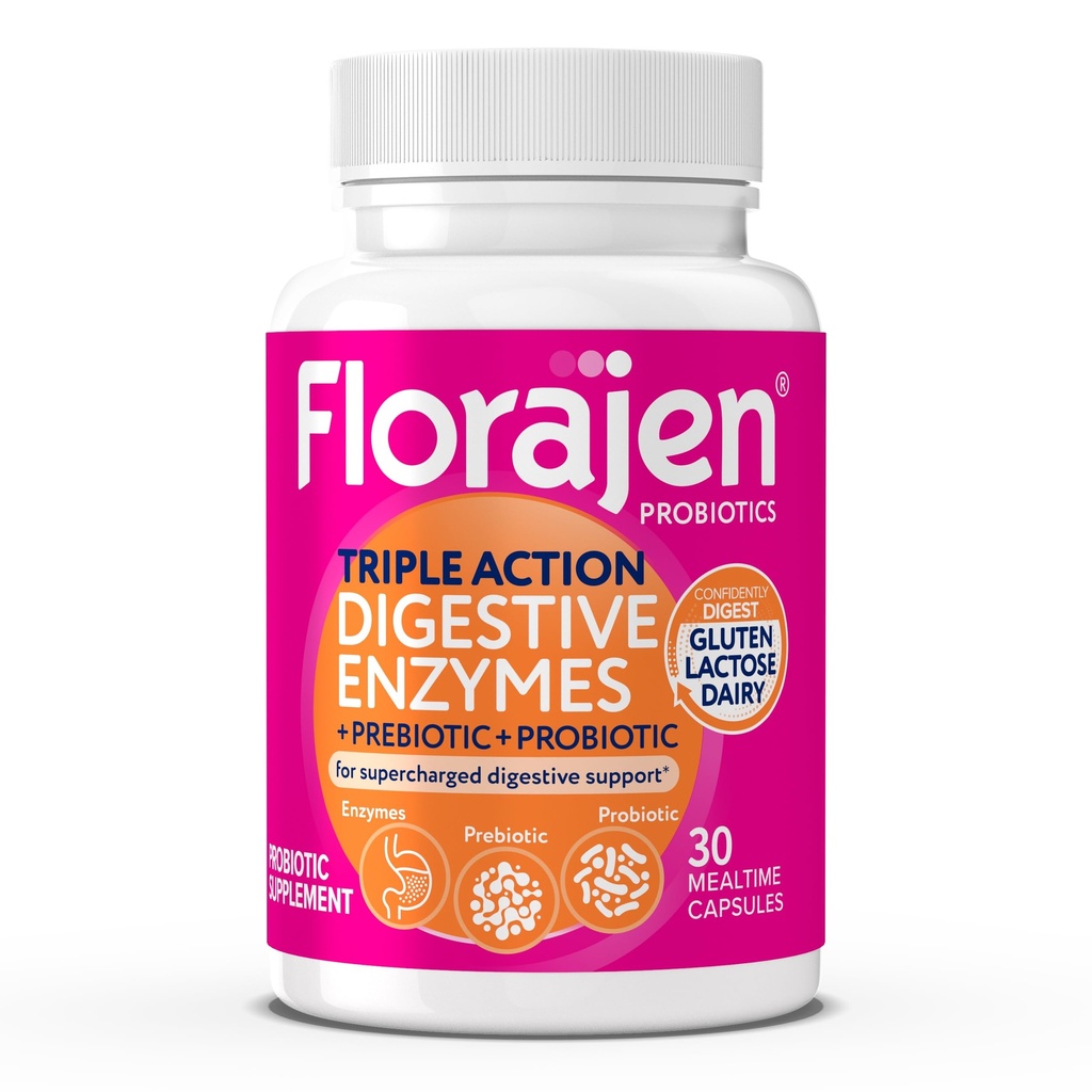 Florajen Enzimi digestivi con Probiotici e Prebiotici - Formula a tripla azione per la salute del fegato, Bloating, & Gas Relief - Supporta la digestione di Gluten & Dairy - Clean, Non-GMO - 30-Count