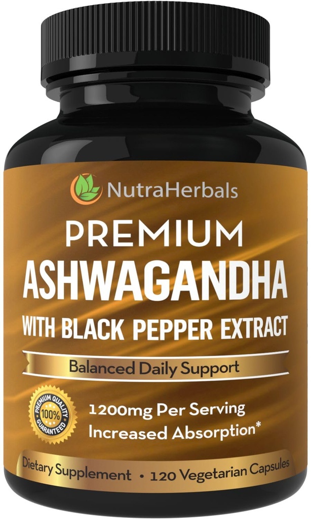 Integratore Ashwagandha fatto con la polvere di radice di Ashwaganda Premium 1200mg con l'estratto di pepe nero per l'assorbimento aumentato - 120 capsule di Vegi