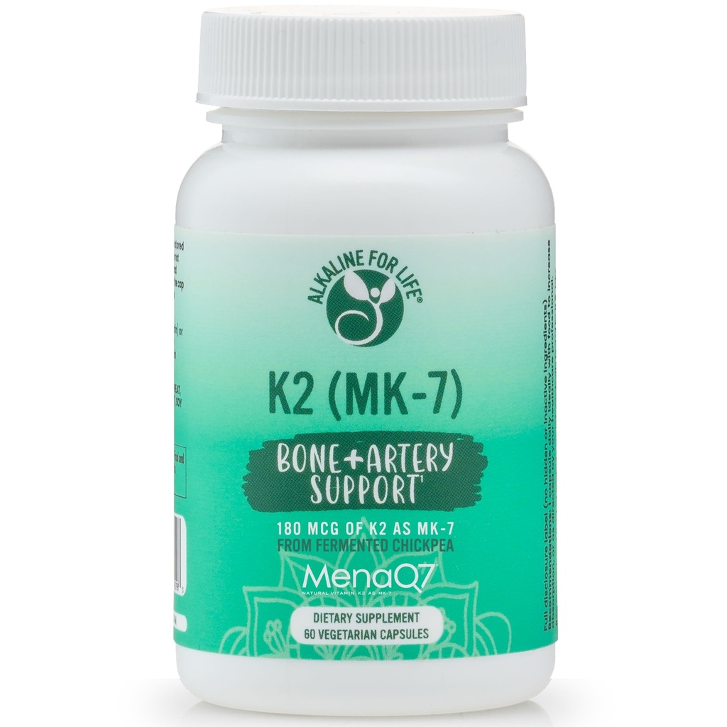 Alcalina per la vita Vitamina K come MK-7| Vitamina naturale K2 da ceci fermentati MENAQ7 180 mcg |One-per Day| Supporti di alimentazione 60 giorni Bone & Heart Health | Facile da ingoiare