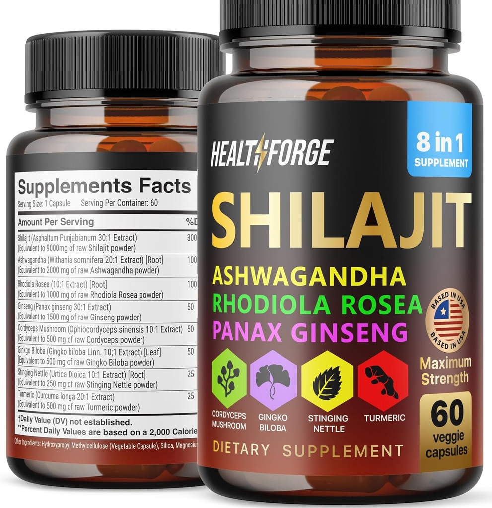 Shilajit capsule di miscela di estratto organico 60 capsule per gli uomini e le donne - Shilajit Supplemento 9000mg Ashwagandha, supplemento di supporto immunitario 2000mg Rhodiola Supplement, Ginko Ginkgo Biloba
