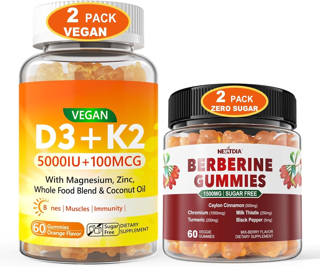2Pack Vegan Vitamina D3 5000IU K2 Gummies+ 2Pack Berberine Supplemento 1500mg Gummies