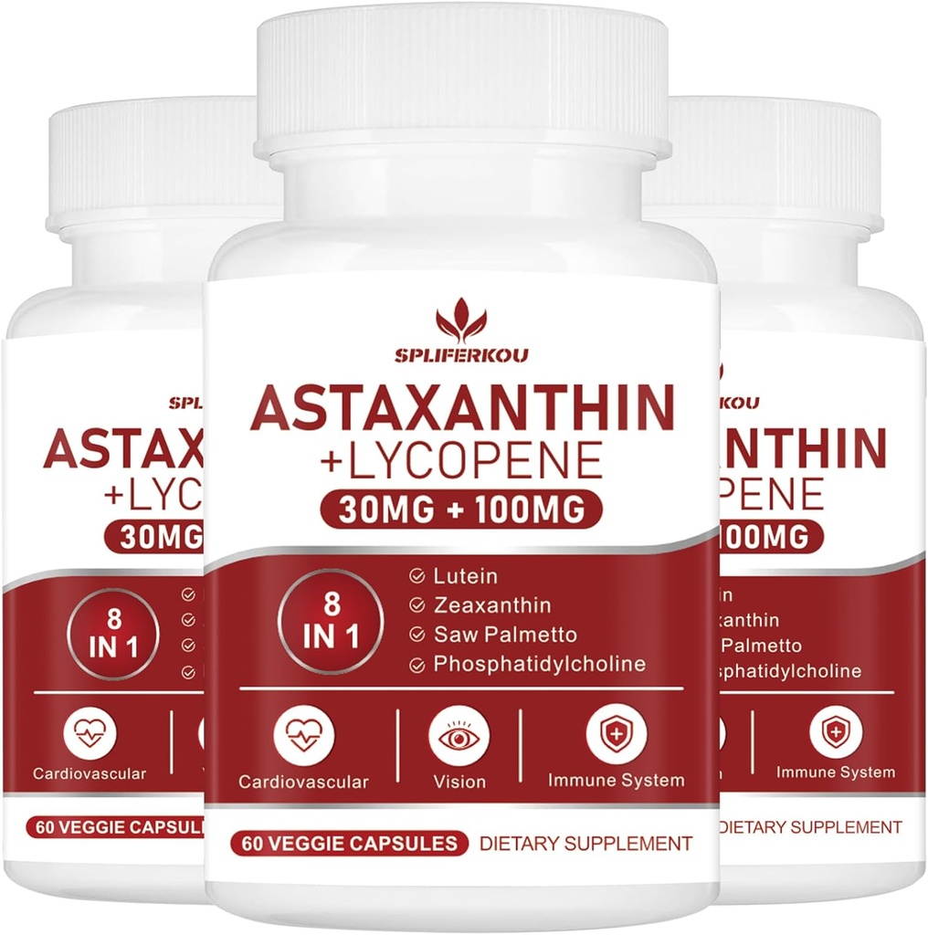 Astaxantina e licopene 70mg,Astaxantina Supplemento con Fosfatidilcolina, Luteina e Zeaxantina, Potente Antiossidante Supplemento (180 capsule)