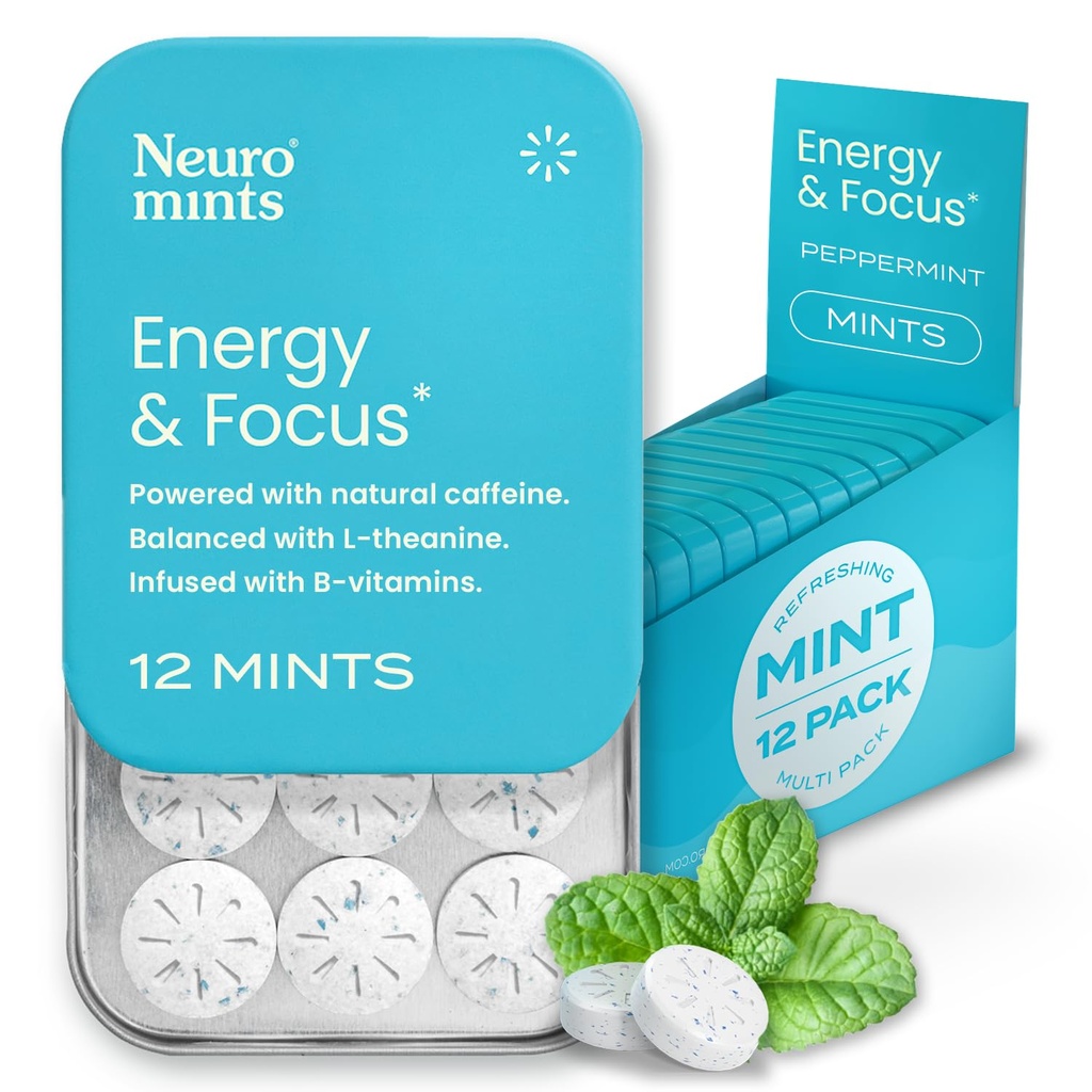 NeuroGum Energy Caffeine Mints (144 Pezzi) - Zucchero Libero con L-teanina + Caffeina naturale + Vitamina B12 & B6 - Nootropic Energy & Focus Supplemento per Donne & Uomini - Keto & Vegan, Peppermint Flavor