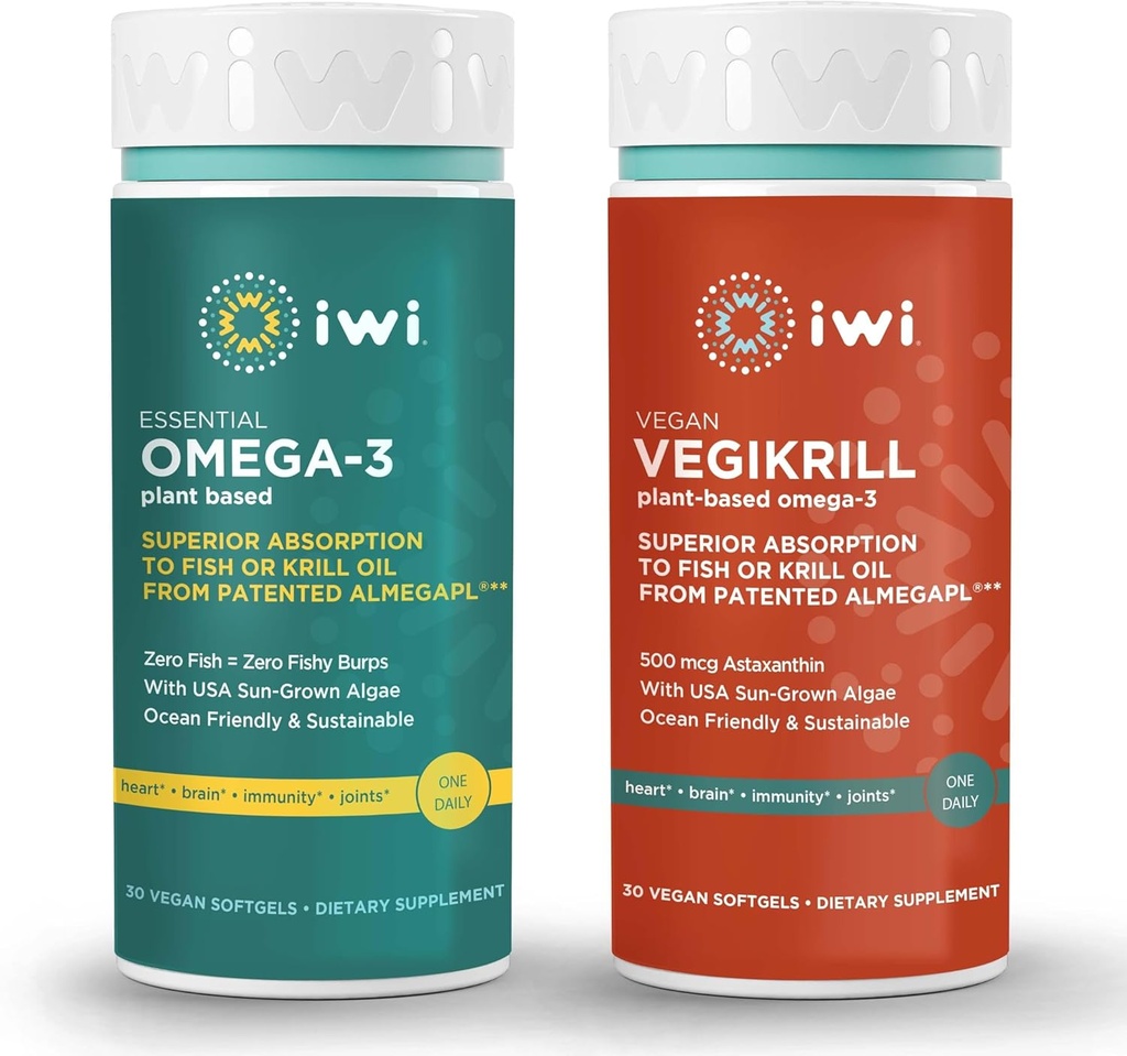 Iwi Omega-3 Essential & Vegikrill Omega-3 Bundle, 30 Serve, Vegan Algae Omega 3, Krill & Fish Oil Alternative, No Fishy Aftertaste