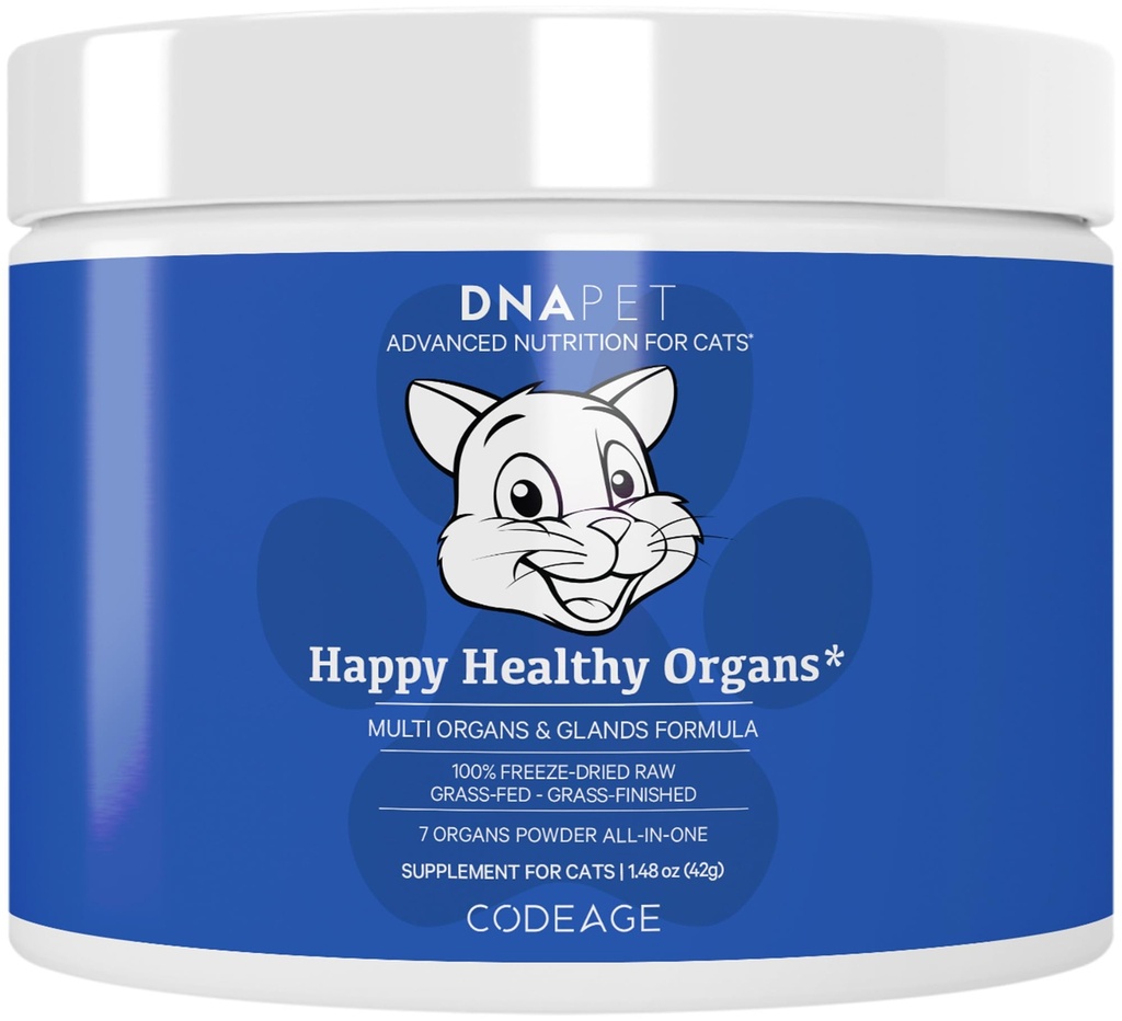 Happy Healthy Organs & Glands Supplemento per i gatti, Freeze-Dried Raw Bovine Liver Grass-Fed Bone Marrow cuore rene Pancreas, Bovine Thymus Iron Multi Organ Powder, Joints Cat Vitamins 1.48 oz