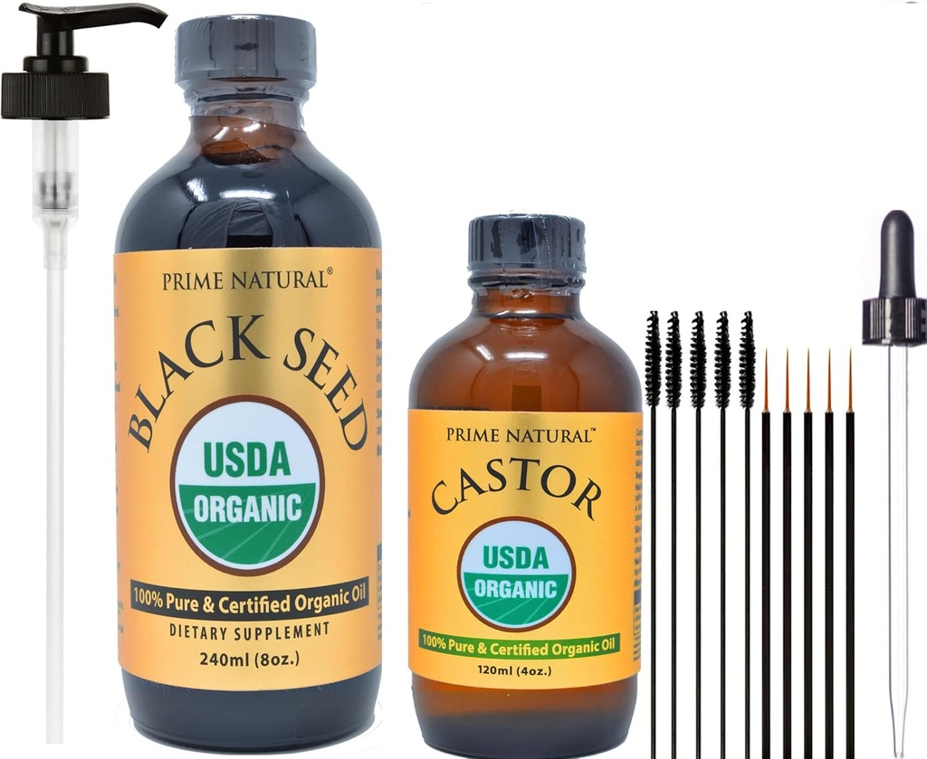 Olio di semi nero biologico NATURAL e olio di ricino biologico - 2 Bundle olio - certificato USDA - pressato a freddo, vergine, non raffinato, vegano, non OGM, nessuna conservazione
