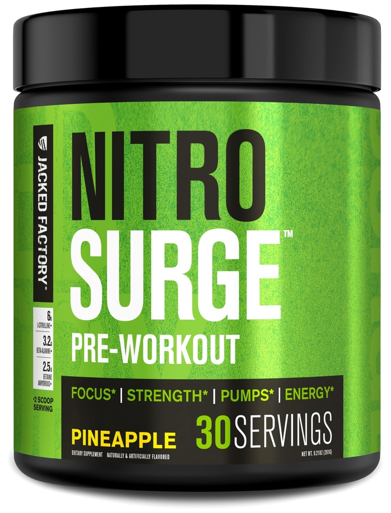 Jacked Factory NITROSURGE Pre Supplemento di allenamento - Energia senza fine, Gains di resistenza istantanea, messa a fuoco trasparente, pompe intenzionali - NO Booster & Potente Preworkout polvere di energia - 30 Serve, ananas