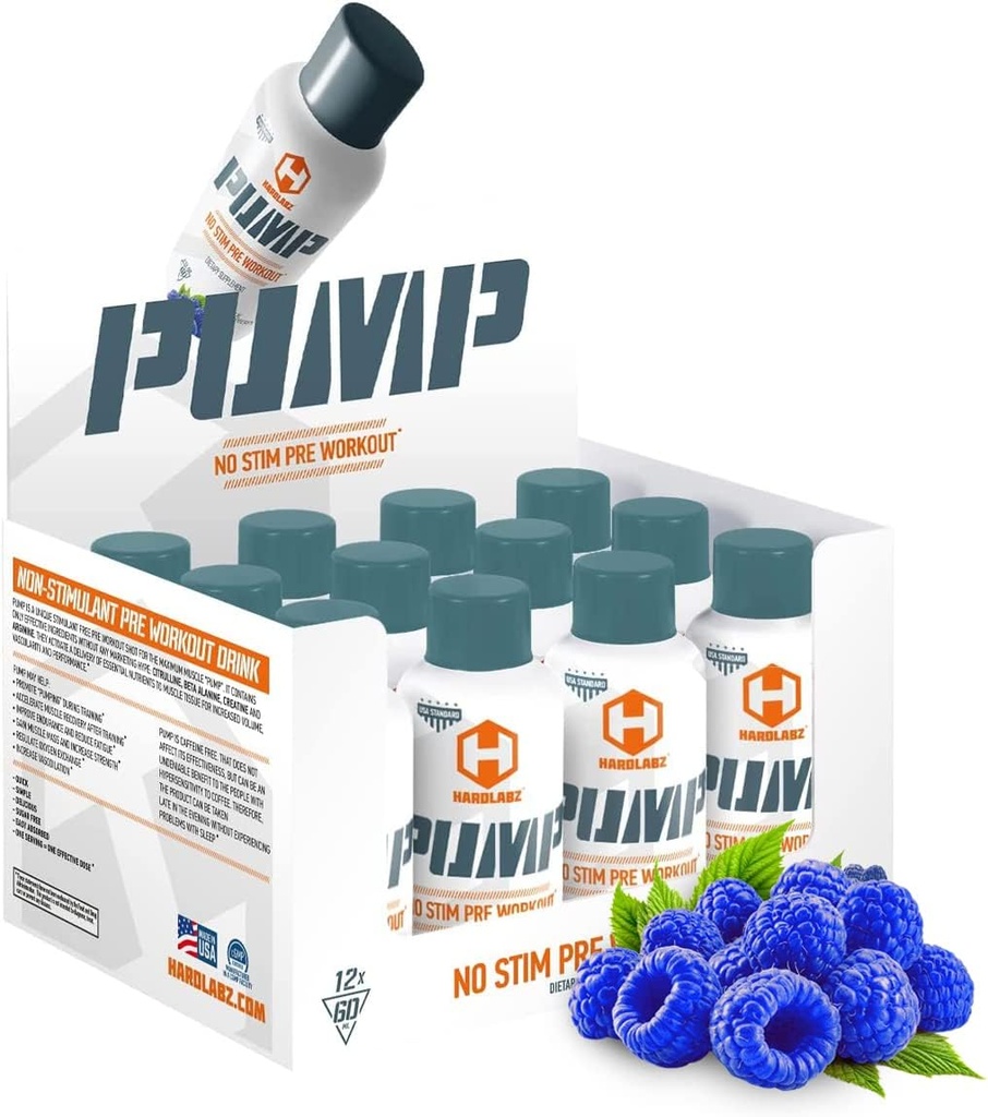 HARDLABZ PUMP – Caffeina non stimolante Free Powerful Liquid Pre-Workout Energy Shot con Citrulline, Beta-Alanina, Creatina, Arginina per Forza e Stamina, Zero Sugar, 2oz - 12 Pack