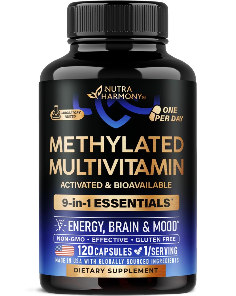 Methylated Multivitamin - B2, B6, 5-MTHF & B12 | Antiossidanti C & E | Vitamin D3 & K2 - per uomini e donne - 9-in-1 MTHFR Integratore con TMG - Energy, Brain & Mood - Vegan - Made in Italy - 120 Capsule