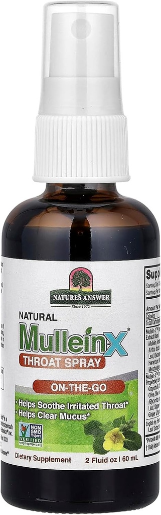 Mullein-X Throat Spray 2 Fluid Ounce | On the Go | Soothes Throat | Clears Mucus | Gluten Free, Non OGM, Vegetariano | Natural Peppermint Flavor