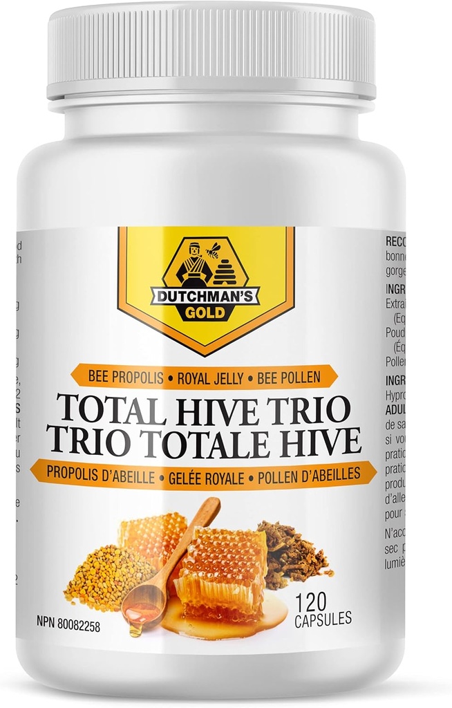 Dutchman's Gold Total Hive Trio Capsule - 120 Veg Caps circa 30-60 Serve - Bee Pollen Royal Jelly & Propolis Supplement - Superfoods for Antioxidant Immune Support - Natural Honey Mix