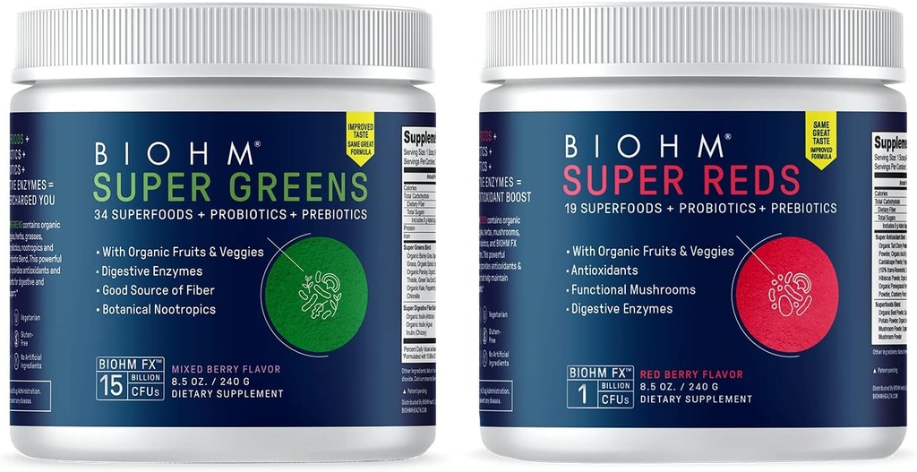 BIOHM Super Reds and Greens Bundle, Superfood Powder with Probiotics and Digestive Enzymes, Packed with Antioxidants and Polyphenols, Allergen Free, Non-GMO, Vegan - 30 Servings