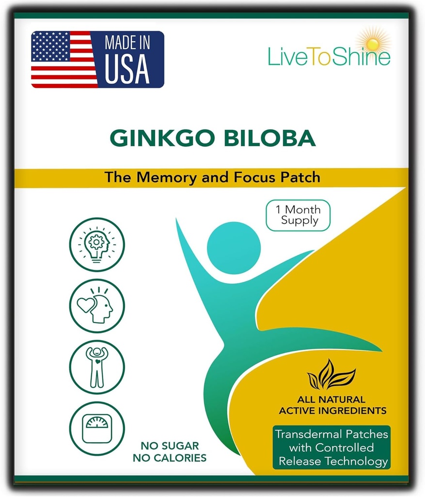 Live To Shine Ginkgo Biloba Patch - 30 Gingko Transdermal Patches - Un mese di fornitura per le donne e gli uomini - USA Made
