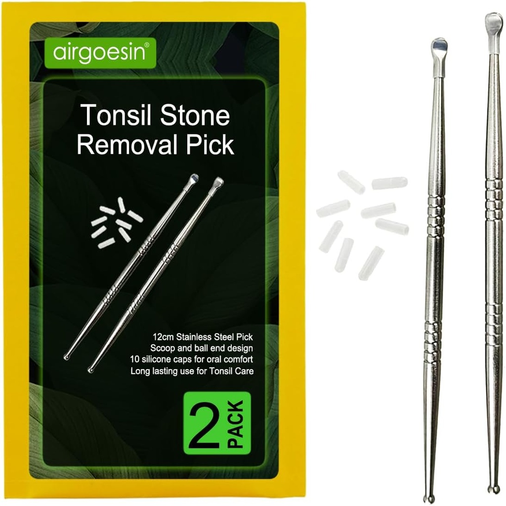 Airgoesin 2pcs Tonsil Stone Removal Pick Tonsillolith Strumento Premium Pulitore orale in acciaio inossidabile con 10 Morbidi tappi in silicone