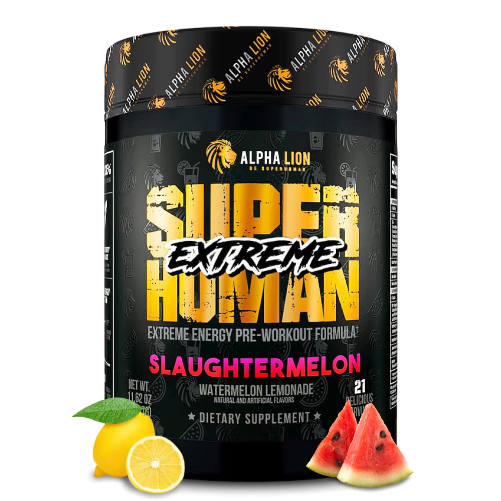 ALPHA LION Superhuman Extreme High Stim Pre Workout Powder, Beta Alanine, L-Taurine & 356mg Tri-Source Caffeina per l'energia sostenibile, Nitric Oxide & Citrulline per la pompa (21 Servings, Slaughtermelon)