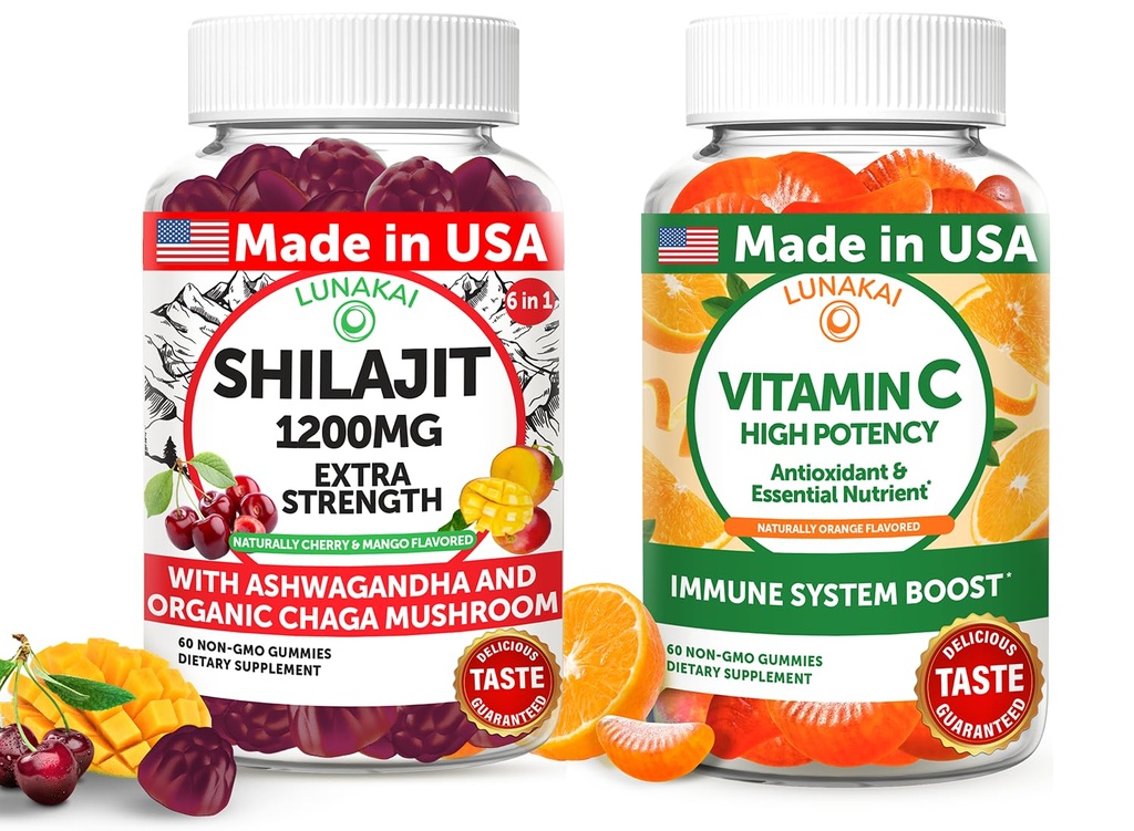 Lunakai USA Made Shilajit & Vitamin C High Potency Gummies Bundle – Energy and Immune Support – Non OGM & Delicious