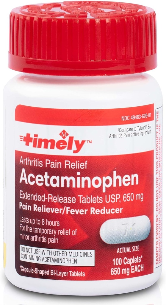 TIME-CAP Los Angeles, INC. Timely Acetaminophen 650 Mg Extended Release - Fever Riduttore, Artrite Pain Reliever, Joint Pain Relief Pills - 100 Caplets