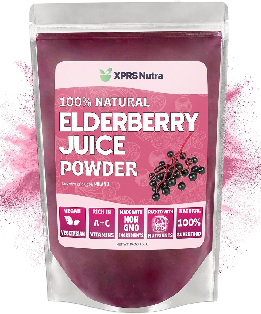 XPRS Nutra Elderberry Juice Powder - Polvere di sambuco Organic Fruit Juice Mix - Polvere di sambuco Supplemento Ricco di vitamine A e C (16 oz)