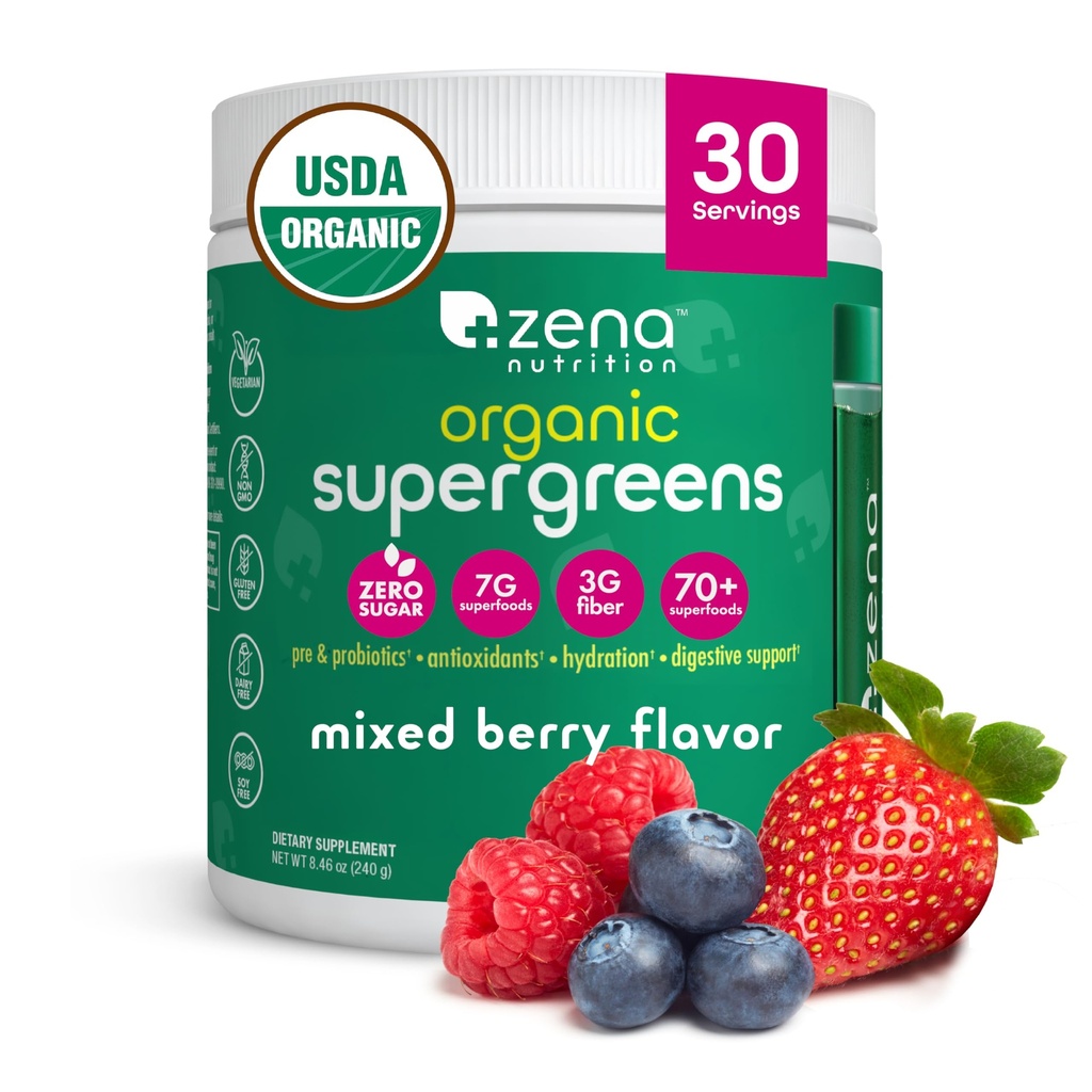 Zena Nutrition Organic Super Greens Powder, 70+ Superfoods, 0 Zucchero, Fibra 3G, Spirulina, Clorella, Antiossidanti, Prebiotici/Probiotici, Enzimi Digestivi, Bacca Mista, 30 Serve