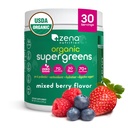 Zena Nutrition Organic Super Greens Powder, 70+ Superfoods, 0 Zucchero, Fibra 3G, Spirulina, Clorella, Antiossidanti, Prebiotici/Probiotici, Enzimi Digestivi, Bacca Mista, 30 Serve