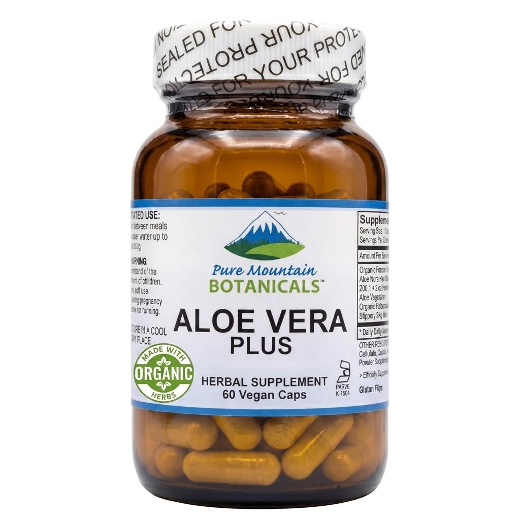 Pure Mountain Botanicals Aloe Vera Plus Capsule. 200:1 Estratto. Kosher Organic Dried Aloe Vera Gel, Marshmallow Root, Slippery Elm