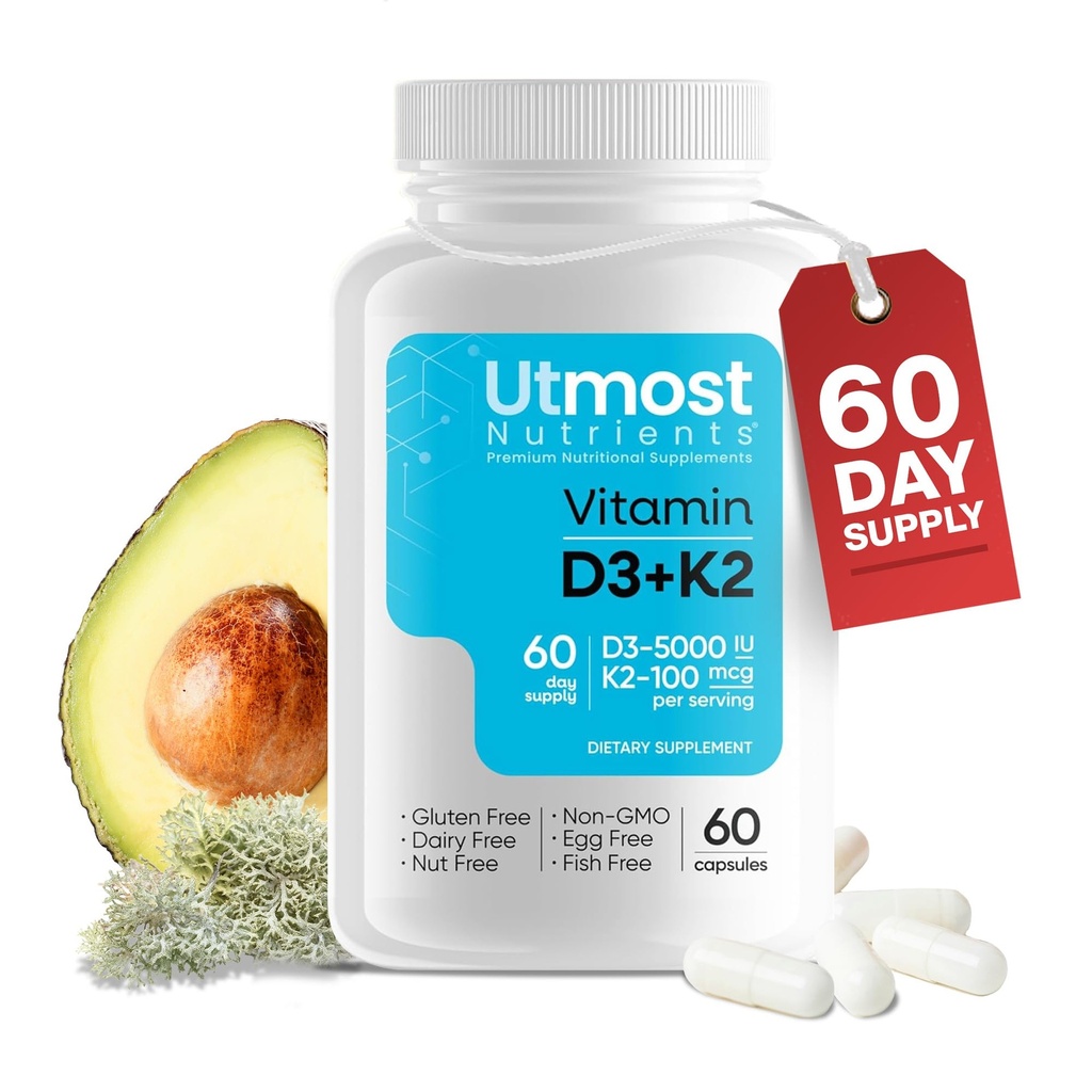 Vitamina D3 con K2-5000iu Vitamina D e 100 mcg Vitamina K Supplemento in una capsula per la massima biodisponibilità - Migliora l'assorbimento di calcio per la salute cardiovascolare, immune e ossa (60 capsule)