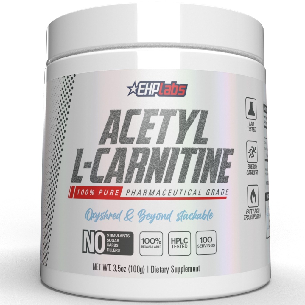 EHP Labs Acetyl L Carnitina Polvere - Supporta la produzione di energia naturale, Assist in funzione sana del cervello, Supporta la salute del cuore, Vegan, senza glutine, non OGM - 100 Serve