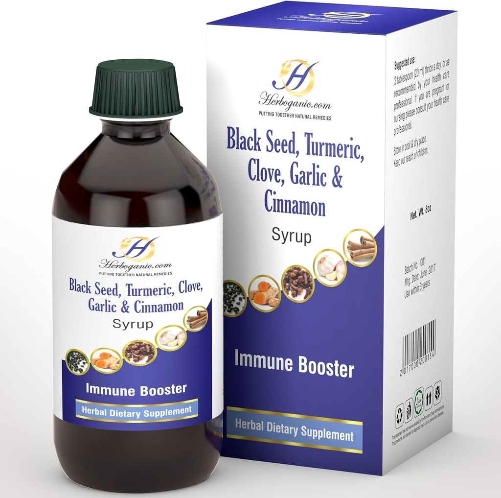 Syrup per bambini e adulti - Miscela perfetta del seme nero biologico, curcuma, panno, cannella e aglio - Booster immunitario del bambino senza siero di sambuco organico