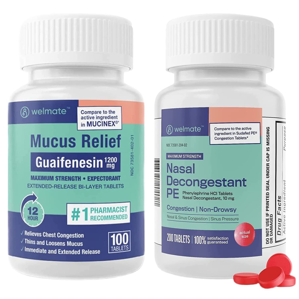 WELMATE Respiratory Relief Bundle: Massima resistenza Guaifenesin 1200 Mg Mucus Relief (100 Bi-Layer Tablets) + Phenylephrine HCl 10 mg Nasal Decongestant PE (200 compresse) Sinus, Cold & Allergy Support