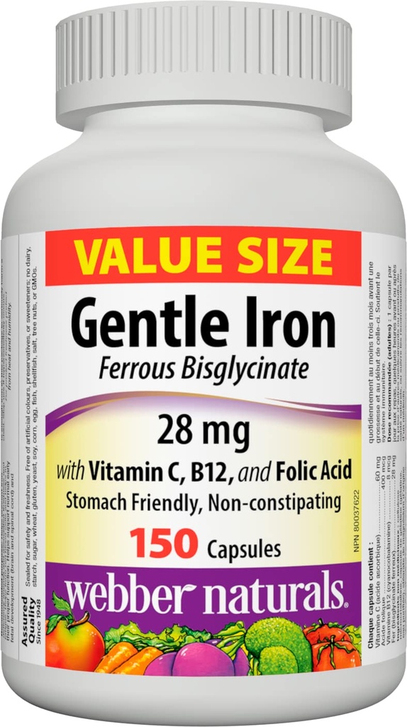 Integratore di ferro delicato con vitamina C, B12 e acido folico, 28 mg, 150 capsule, Stomach-Friendly, Non-Constipating, aiuta a prevenire l'anemia di carenza di ferro