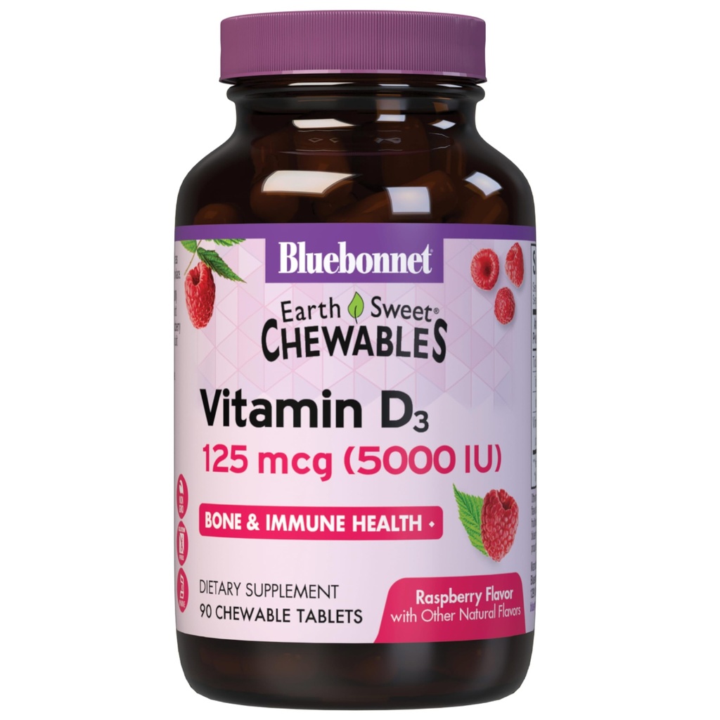 Bluebonnet Nutrition Earth Sweet Vitamin D3 5000 IU Chewable Tablets, Aids in Muscle & Skeletal Growth, Non OGM, Gluten & Soy & Milk Free, Kosher, Raspberry, Bianco, 90 Count