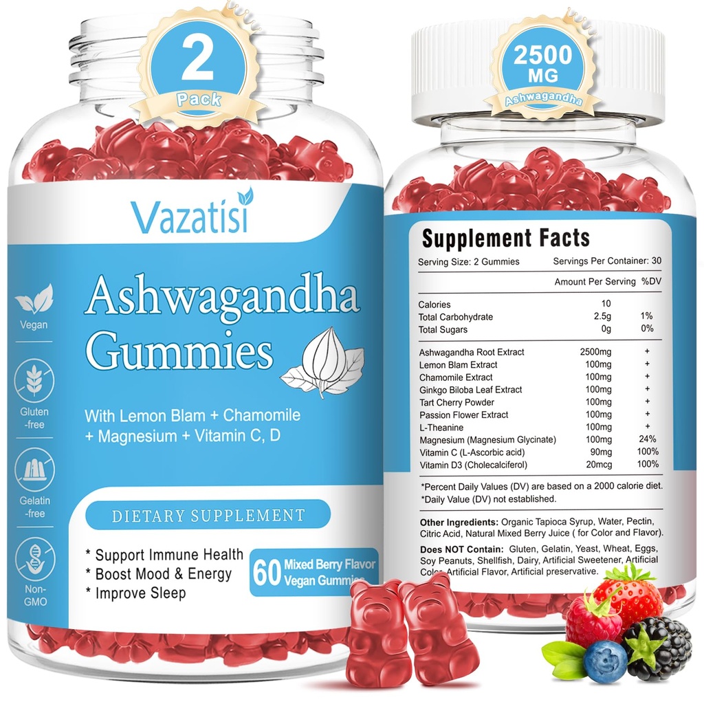 2 Confezione Ashwagandha Gummies per uomini donne, Zucchero Free Organic Ashwagandha Gummies Supplemento per Rilassamento Balance, Vegan Gluten Free, 120 Conte