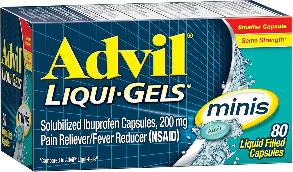 Advil Liqui-Gels Minis Riducente di dolore e Riduttore di febbre, Medicina del dolore per gli adulti con Ibuprofene 200 mg per sollievo dal dolore - 80 capsule riempite liquide