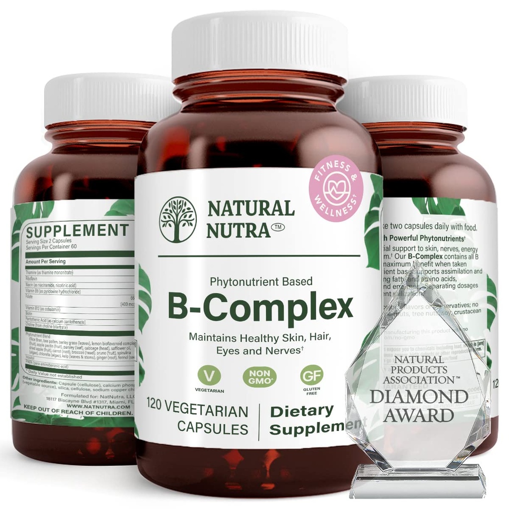 Natural Nutra Vitamina B Complex con Niacin, Folate, Thiamin, Biotina, Supporta la salute del sistema nervoso, promuove il metabolismo, la pelle, gli occhi e la salute dei capelli, il supplemento di cibo intero, 120 capsule vegetariane