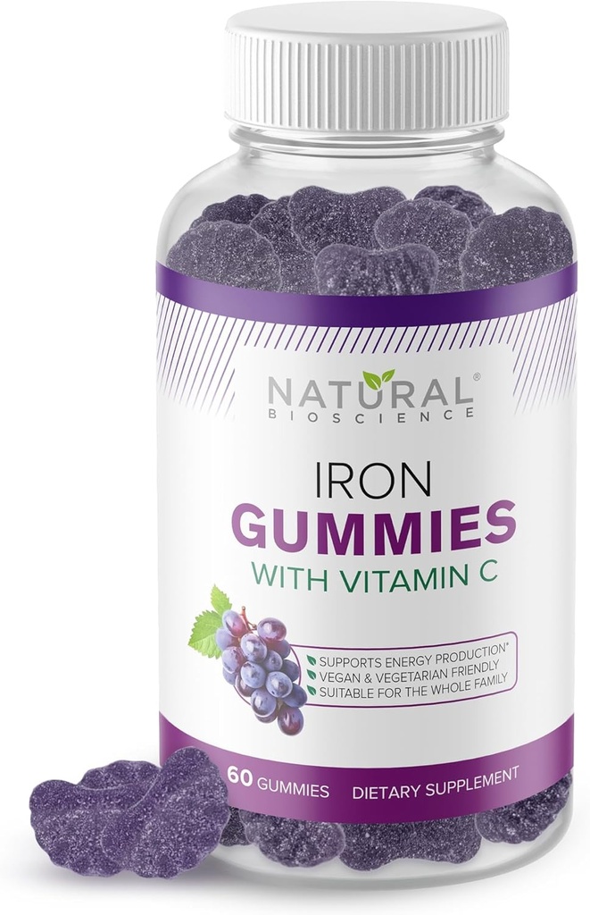 Gummie di ferro con vitamina C - Integratore di ferro masticabile per adulti e bambini, Anemia di carenza di ferro, Supporto delle cellule di sangue rosso, Energia, Funzione immunitaria, Salute del cervello, Assorbimento massimo, 60 Gummie Vegane