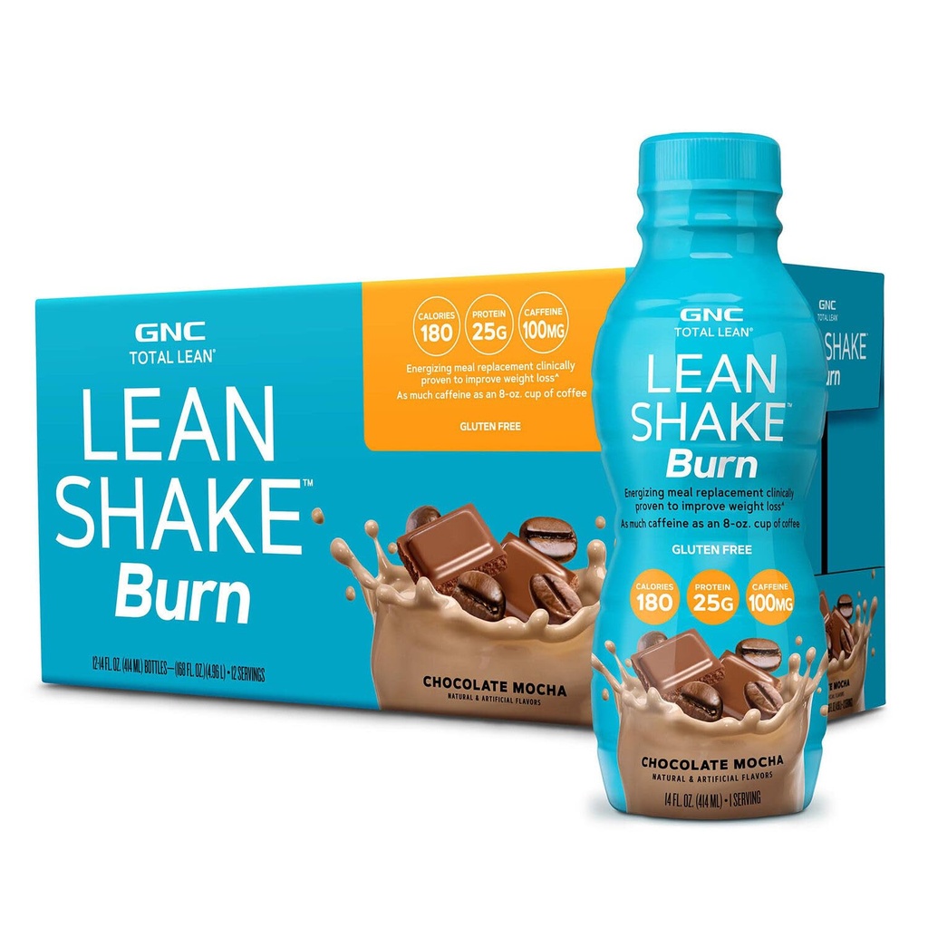 GNC Lean Shake Burn with Caffeine, Meal Sostituzione, Chocolate Mocha, 25g Protein, Clinically Proven Weight Management, Ready To Drink, Zero Aggiunto Sugar, 14 oz Bottiglie, Confezione da 12