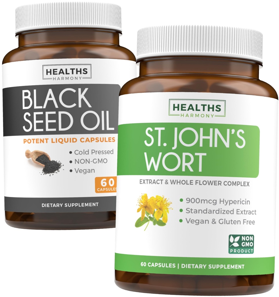 Olio di semi nero & St. John's Wort (1-Month Supply) Serene Blend Bundle di olio di semi neri (60 capsule) Nigella Sativa & St. John Wort (60 capsule) con potente 900mcg Hypericin