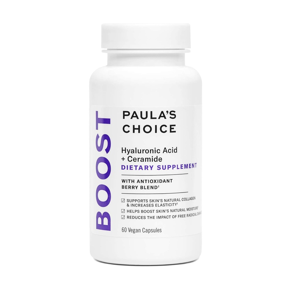 Paula's Choice Acido ialuronico + Ceramide Integratore alimentare, Supporto del collagene per pelle morbida, sana e radiante, senza glutine + Soia-Free, 60 capsule vegane