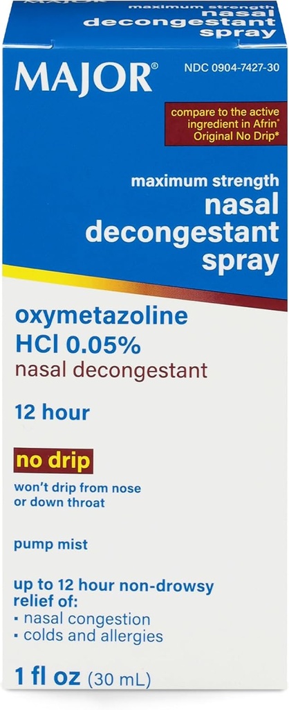 Spray di decongestione nasale di massima resistenza MAJOR, Oxymetazolina HCl 0.05% Pompa Mist, spray nasale non-Drowsy, fino a 12 ore di sollievo dalla congestione nasale, frigoriferi e allergie 1 Fl. Oz. (1-Pack)