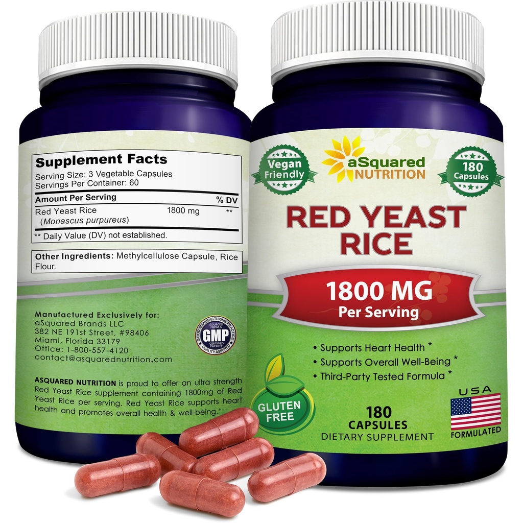 aSquared Nutrition Red Yeast Rice 1800mg - Integratore alimentare Vegan Powder Pills to Support Cardiovascular Health - 180 capsule vegetali