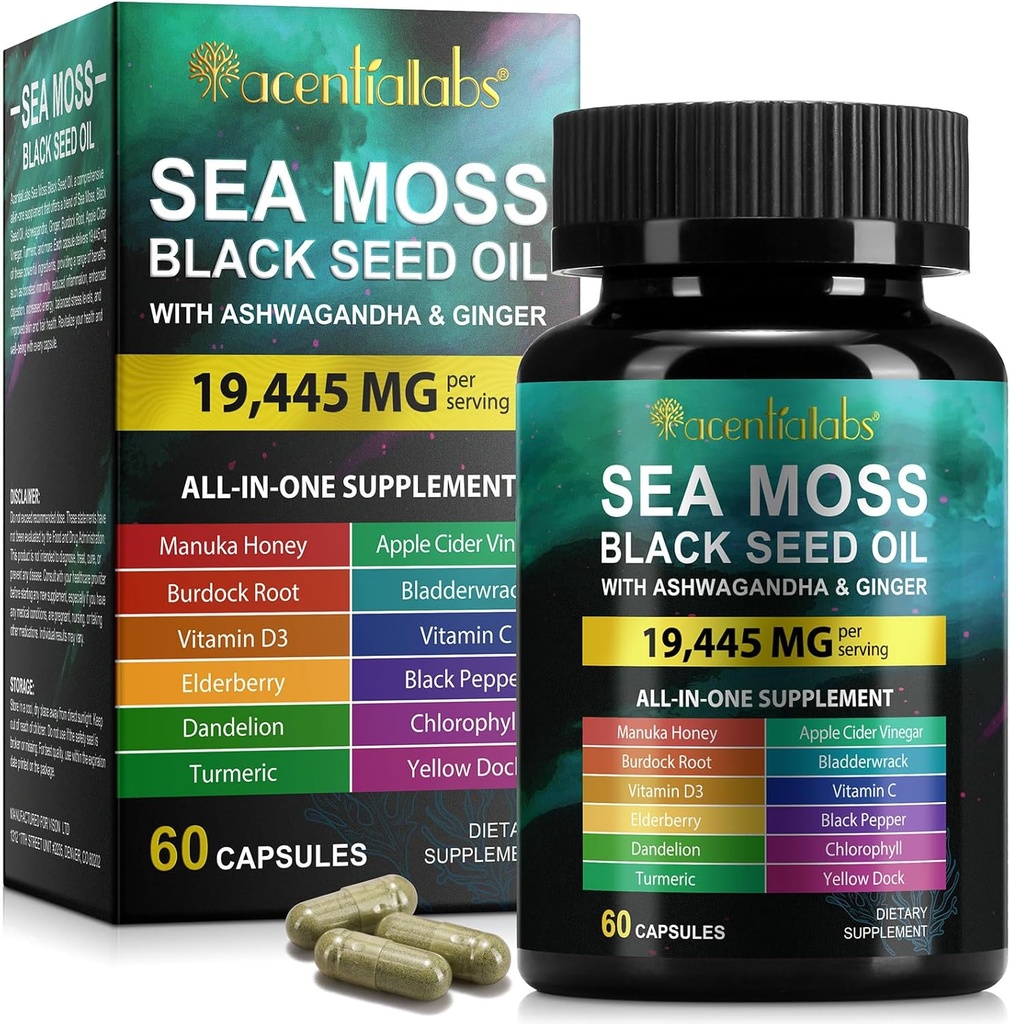 Sea Moss Black Seed Oil, Sea Moss Black Seed Oil Ashwagandha Ginger Capsule con vitamine Bladderwrack, Burdock Root e altro, 60 capsule