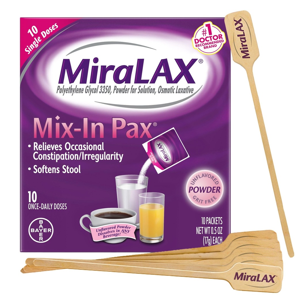 Polvere lassativa del sollievo della costipazione del Gentle di MiraLAX, Ammorbidente dello sgabello con PEG 3350, Nessun effetto collaterale del Harsh, Miscelatore a Dose singolo con Stirrers di miscelazione, Pacchetto di viaggio, 10 Dose
