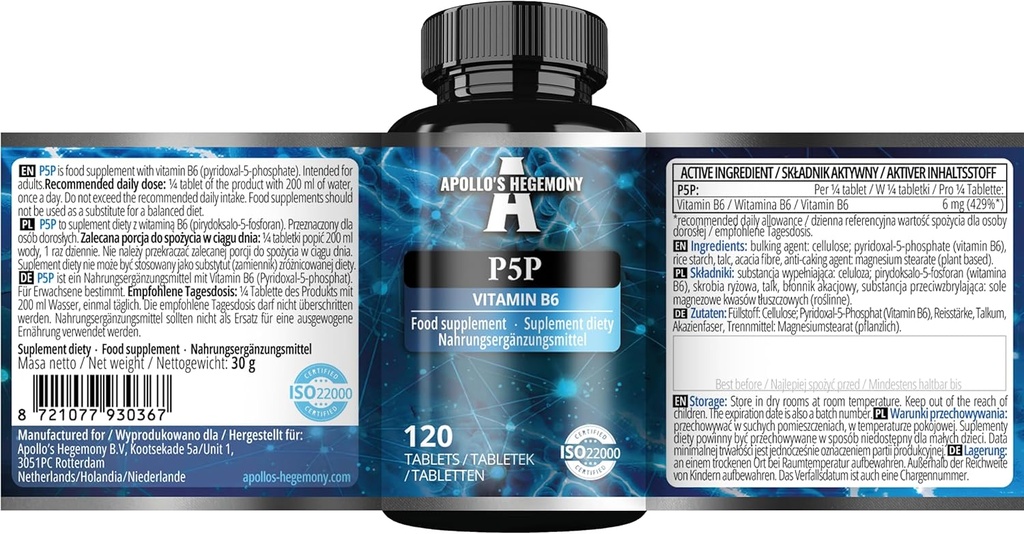 Pyridoxal-5-Phosphate (P-5-P) 50 mg per Tablet - 120 compresse vegane - Alimentazione per 480 Serve - Supporta funzioni nervose e psicologiche -Vitamina B6 Supplemento dieta - da Egemonia di Apollo