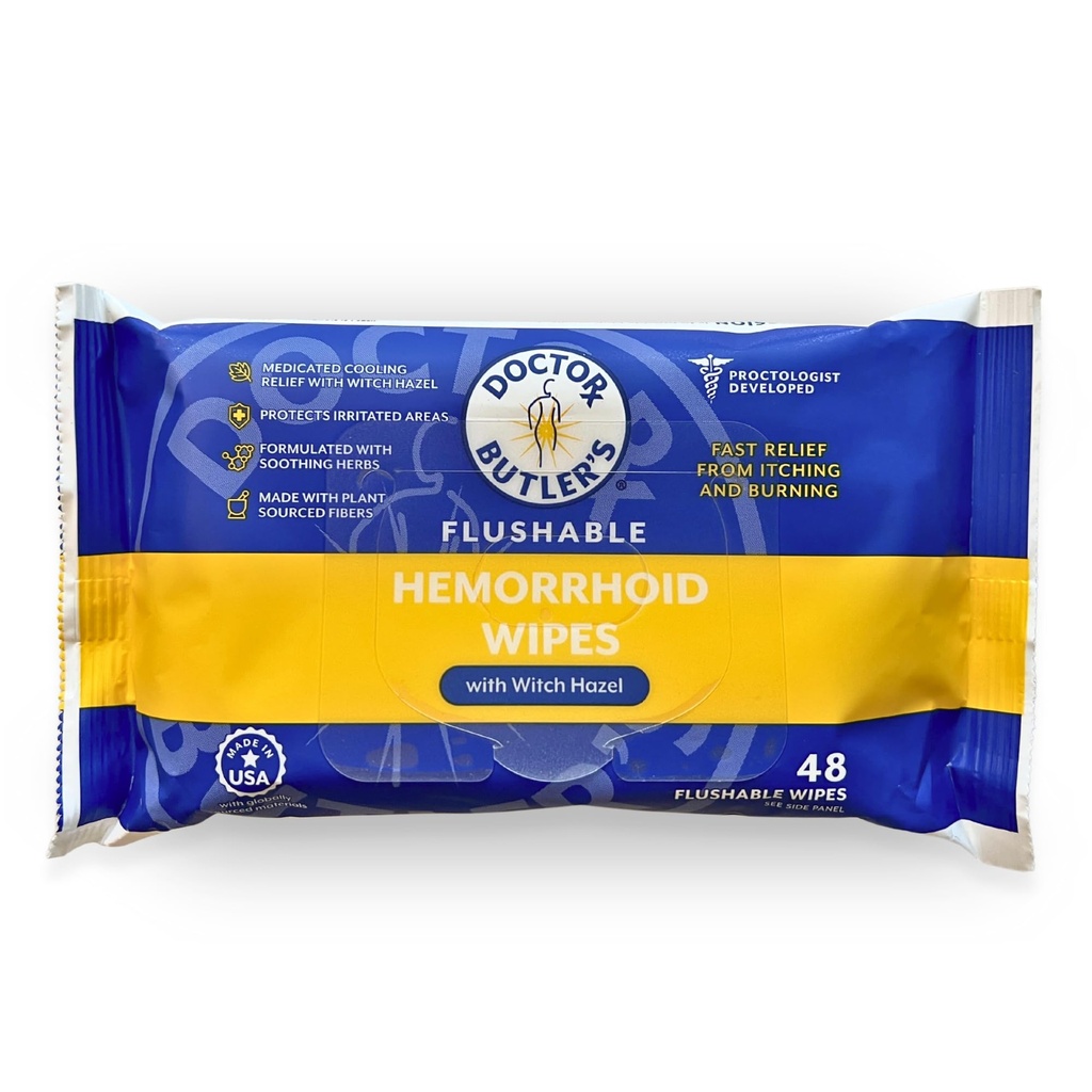 Dr. Butler's Flushable Hemorrhoid Wipes – Flushable Wipes with Witch Hazel to Soothe and Bring Relief from Discomfort Associated with Hemorrhoids (48 Wipes)