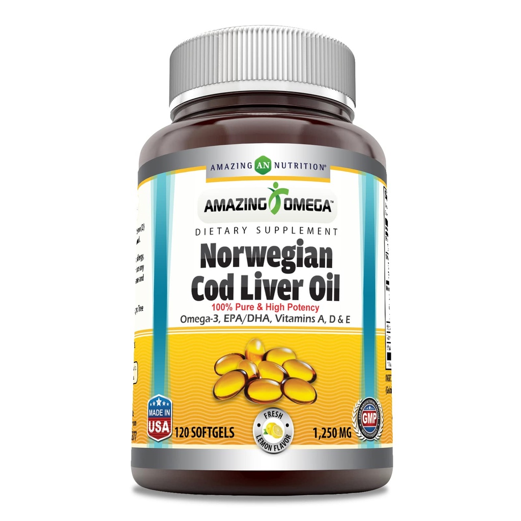 Incredibile Omega Norwegian Cod Liver Oil 1250 Mg Softgels Supplemento | Omega-3, EPA, DHA, Vitamina A, Vitamina D & Vitamina E (Lemon | 120 Count)